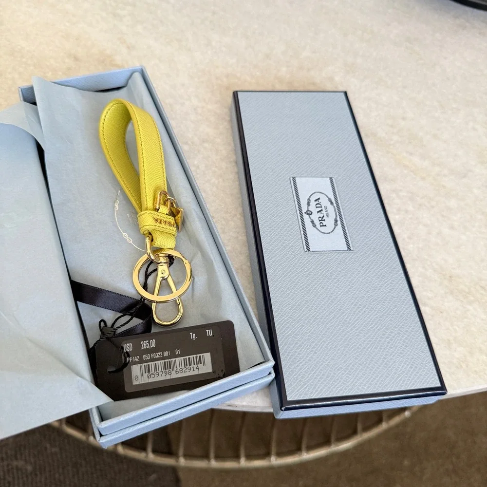 Prada Saffiano Leather Keychain Wristlet Yellow & Gold 1PP142 Made in Italy - Picture 3 of 9